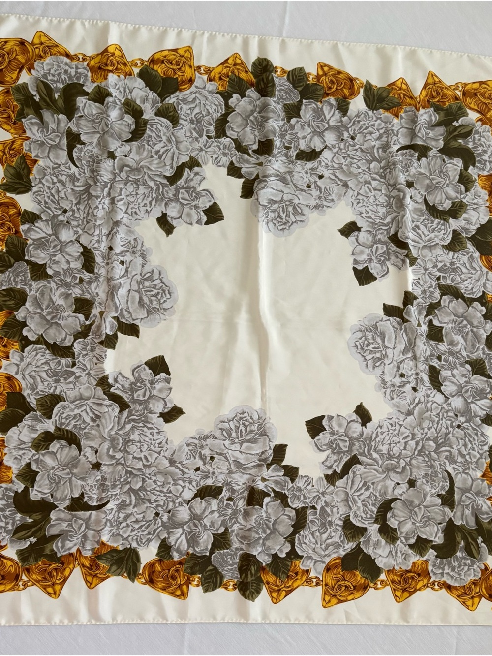 Cream Floral Border Silk Scarf with Gold Accents